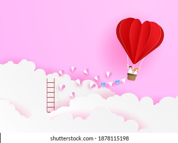 love couple flying with red  heart shape balloon, valentine's greeting card vector illustration paper art style