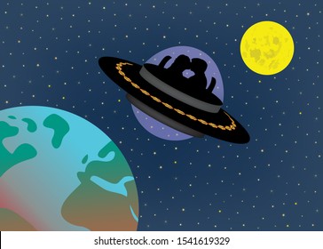 Love couple is flying in ufo alien spaceship between the moon and earth in the future time. Science fiction and life in the future. Futuristic prediction illustration.