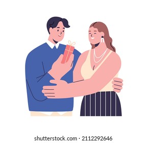 Love couple with gift box. Happy man giving present to beloved woman for Valentines day. Girlfriend receiving holiday surprise from boyfriend. Flat vector illustration isolated on white background