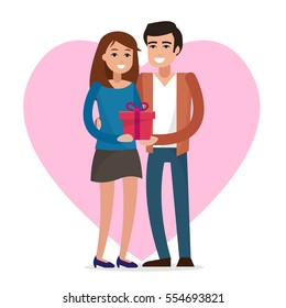 Love couple with gift. Flat style vector illustration.