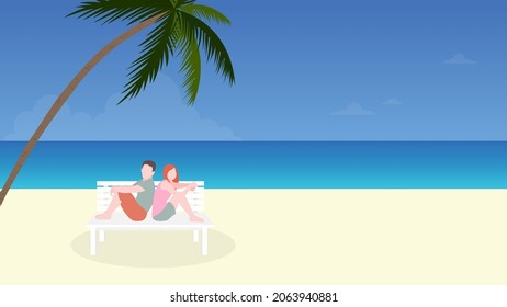 Love couple happily sitting on beach illustration vector for Valentine's day decorations.