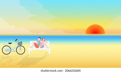 Love couple happily sitting on beach illustration vector for Valentine's day decorations.