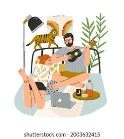 Love couple of happy man and woman spending time at home, playing music on ukulele and singing romantic songs. Male and female enjoying leisure indoors. Flat vector illustration isolated on white.