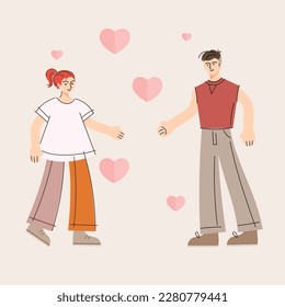 Love couple. Happy man and woman. Two valentines, romantic partners together. Solidarity, support concept. Flat vector illustration isolated on white background