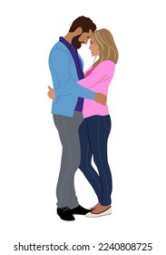 Love couple. Happy Young Man and Woman in romantic relationship, dating, hugging, standing together. Cartoon style Vector realistic illustration isolated on white background