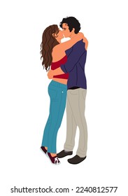 Love couple. Happy Young Man and Woman in romantic relationship, dating, hugging, kissing, standing together. Cartoon style Vector realistic illustration isolated on white background