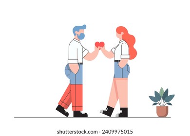 love couple has a good relationship,man and woman holding a red heart shape,minimalist couple concept for Valentine's Day and Love Day ,vector lover illustrations.