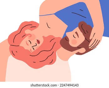 Love couple heads top view. Happy enamored man and woman valentines, lovers lying. Romantic relationship, affection, amour, tenderness concept. Flat vector illustration isolated on white background