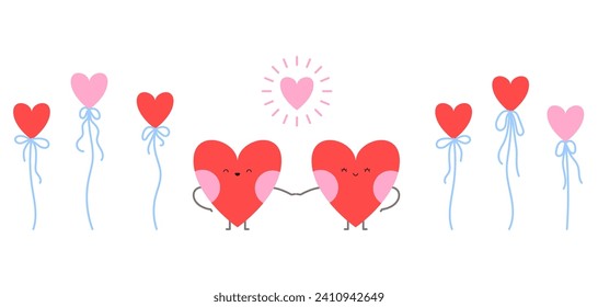 Love couple of heart characters holding hands in a flat cartoon style. Heart balloons clipart. Valentine's day sticker illustration