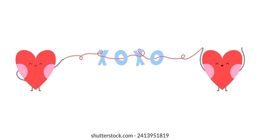 Love couple of heart characters holding red thread with xoxo sign lettering in a flat cartoon style. Valentine's day sticker illustration