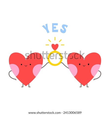 Love couple of heart characters holding a ring in a flat cartoon style. Yes word lettering. Proposal of marriage, engagement concept. Valentine's day sticker illustration