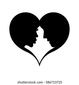 Love couple in the heart frame silhouette isolated on white background