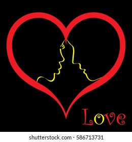 Love couple in the heart frame silhouette isolated on black background