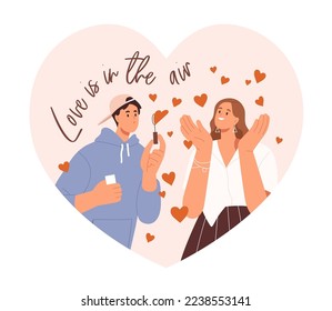 Love couple in heart. People, happy man and woman on Saint Valentine day. Romantic phrase, quote about affection and holiday fun for 14 February. Flat vector illustration isolated on white background