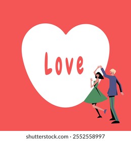 Love Couple Heart Poster Rojo, Dansing Retro, Estilo Vintage, 14 febrero, Valentise dag