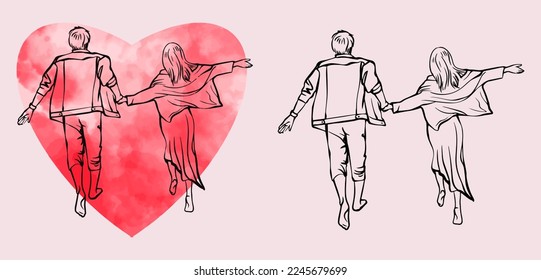 A love couple at heart. Vector black and white and color drawing. Valentine's Day. Love stories. Isolated drawing. Love, heart.