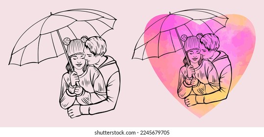 A love couple at heart. Vector black and white and color drawing. Valentine's Day. Love stories. Isolated drawing. Love, heart.