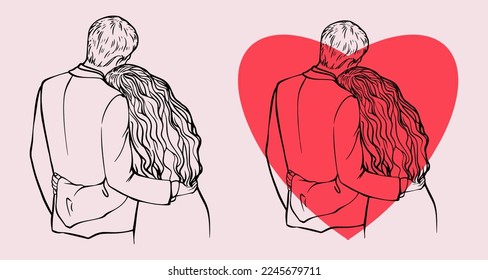 A love couple at heart. Vector black and white and color drawing. Valentine's Day. Love stories. Isolated drawing. Love, heart.