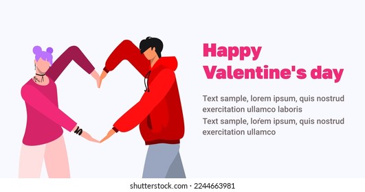 Love couple with heart-shaped hands gesture. Happy man and woman portrait. Happy Valentine's day. Hands in heart shape. Flat vector illustration isolated on white background. 