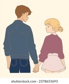 In love couple, holding hands, looking at each other, standing together, back view. Romantic date. Hand drawn flat cartoon character vector illustration.