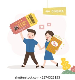 La pareja de amor sostiene palomitas de maíz y boletos y va al cine. La gente feliz tiene citas en el cine. Los personajes quieren ver la película. Entretenimiento, disfrutando de una nueva película. Fin de semana, pasatiempo. ilustración vectorial