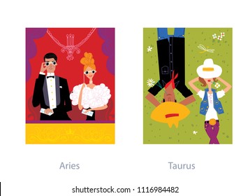 Love couple horoscope. Aries and taurus zodiac signs. Vector illustration.