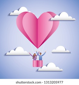 Love couple in hot air balloon flying in clouds vector digital illustration image