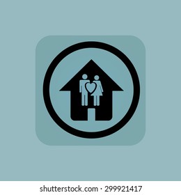 Love couple in house in circle, in square, on pale blue background