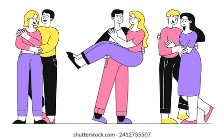 La pareja de amor se abrazó linealmente. Hombres y mujeres se aman. Romance y cuidado. Buenas relaciones entre los jóvenes. Familia y pareja. Colección de vectores planos Doodle aislada en fondo blanco