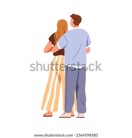 Love couple hugging, back view. Man and woman standing, embracing from behind. Enamored people, valentines in romantic relationships. Flat graphic vector illustration isolated on white background