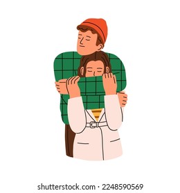 Love couple hugging. Man embracing young woman, standing behind her. Enamored characters. Romantic relationship, tenderness concept. Flat graphic vector illustration isolated on white background