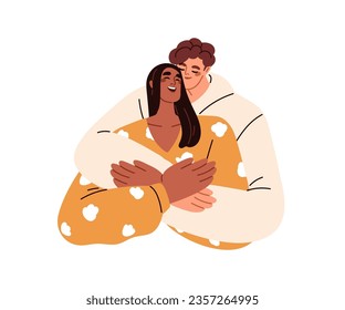 La pareja de amor abrazando. Hombre abrazando a la mujer desde atrás. Feliz San Valentín en relaciones románticas. Los socios encantados se abrazan. Ilustración vectorial plana aislada en fondo blanco