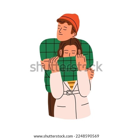Love couple hugging. Man embracing young woman, standing behind her. Enamored characters. Romantic relationship, tenderness concept. Flat graphic vector illustration isolated on white background