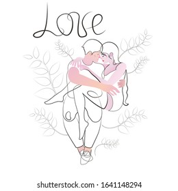 Love couple hugging on the couch. Young lovers hug. Romantic date. Love, passion, embrace. Blonde and brunette love couple. Dating service, site or application line art vector illustration.
