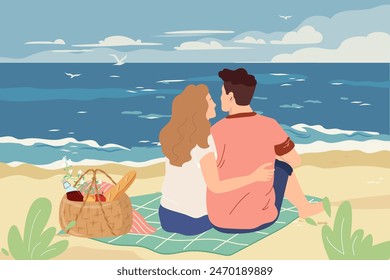 Pareja de amor abrazándose y relajándose en manta de picnic en la costa. Fecha romántica de hombre y mujer joven en la orilla del mar. Vector Horizontal vista panorámica con gente, cesta para comida en la playa por el mar.