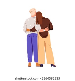 Una pareja de amor abrazándose, parándose, por detrás, por detrás. Un hombre y una mujer románticos abrazándose juntos. Dos personas cariñosas y encantadas. Ilustración vectorial gráfica plana aislada en fondo blanco