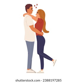 Love couple hugging with tenderness. Happy husband and wife embracing. Young man and woman valentines in romantic relationship. Flat cartoon vector illustration isolated on white background