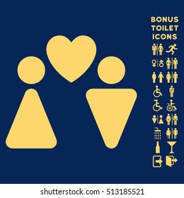 Love Couple icon and bonus gentleman and woman WC symbols. Vector illustration style is flat iconic symbols, yellow color, blue background.