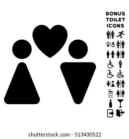 Love Couple icon and bonus male and woman toilet symbols. Vector illustration style is flat iconic symbols, black color, white background.