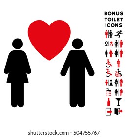 Love Couple icon and bonus man and woman restroom symbols. Vector illustration style is flat iconic bicolor symbols, intensive red and black colors, white background.