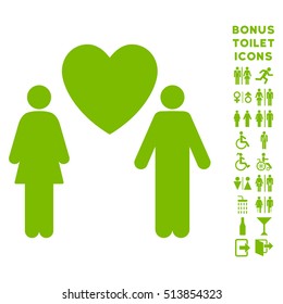 Love Couple icon and bonus man and female WC symbols. Vector illustration style is flat iconic symbols, eco green color, white background.