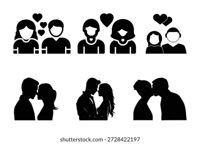Love and couple illustration set featuring romantic relationship icons and couple silhouette profiles with hearts. Minimal black flat icons and emotional romantic silhouettes isolated on white background. Perfect for dating apps, Valentine’s Day designs, relationship websites, UI and UX elements, social media graphics, marketing campaigns, and love-themed creative projects.