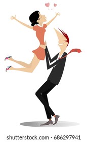Love couple isolated. Man is falling in love and rising up his woman on the hands
