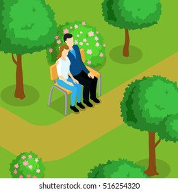 Love couple isometric composition two lovers are sitting on a bench in the park vector illustration