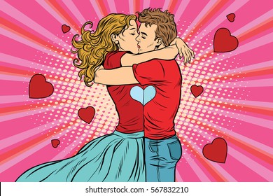 Love couple kiss, boy and girl in Valentines day, pop art retro vector. A romantic date. Young people