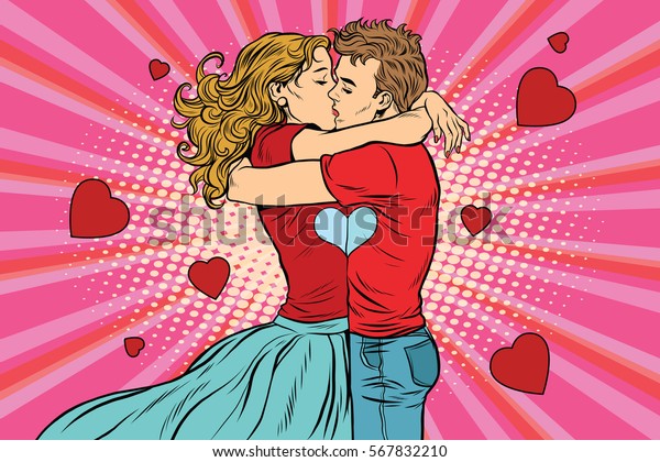 バレンタインデーの恋愛カップルのキス 男の子と女の子 レトロなポップアートのベクター画像 ロマンチックなデート 若者 のベクター画像素材 ロイヤリティ フリー