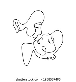 Love couple kiss one line art. Minimalist man and woman faces, contemporary vector continuous linear drawing