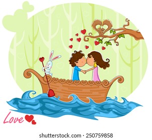 Love couple kissing while boating on boat in vector