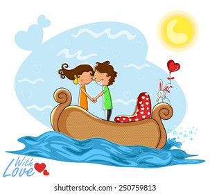 Love couple kissng while boating on boat in vector