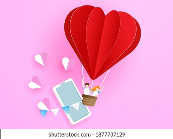 Love Couple Leaving From Mobile Phone By Heart Shape Balloon With Love, Valentine's Greeting Card Concept Vector Illustration